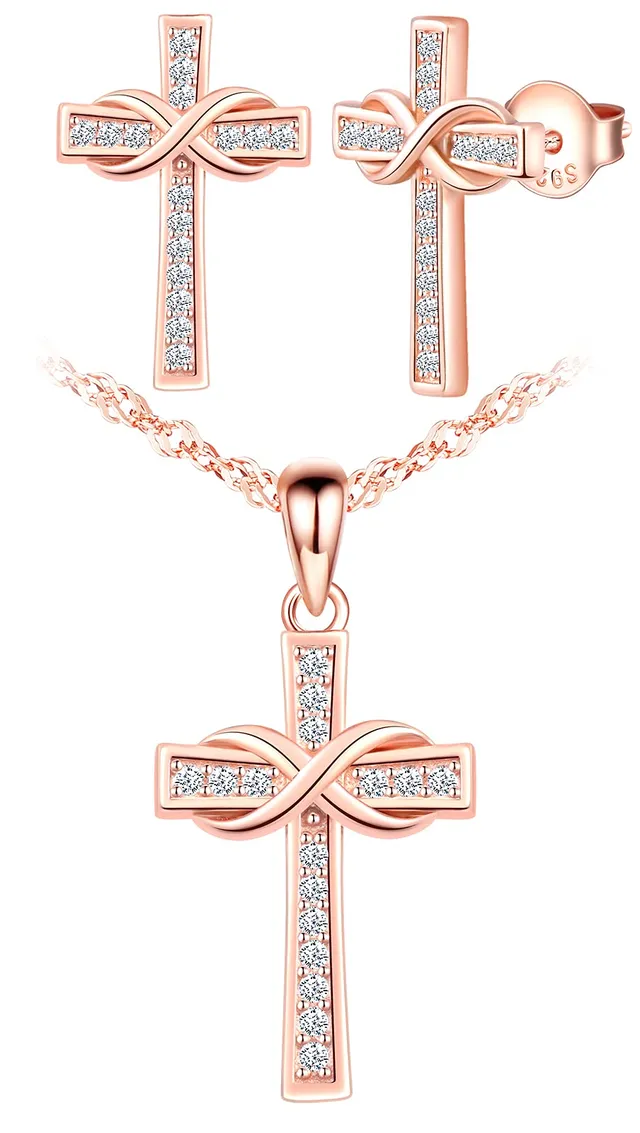 INFINIONLY Fashion Necklaces parure croce oro rosa zirconi