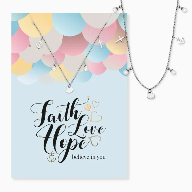 MySteel Faith Love Hope collana acciaio con biglietto perle