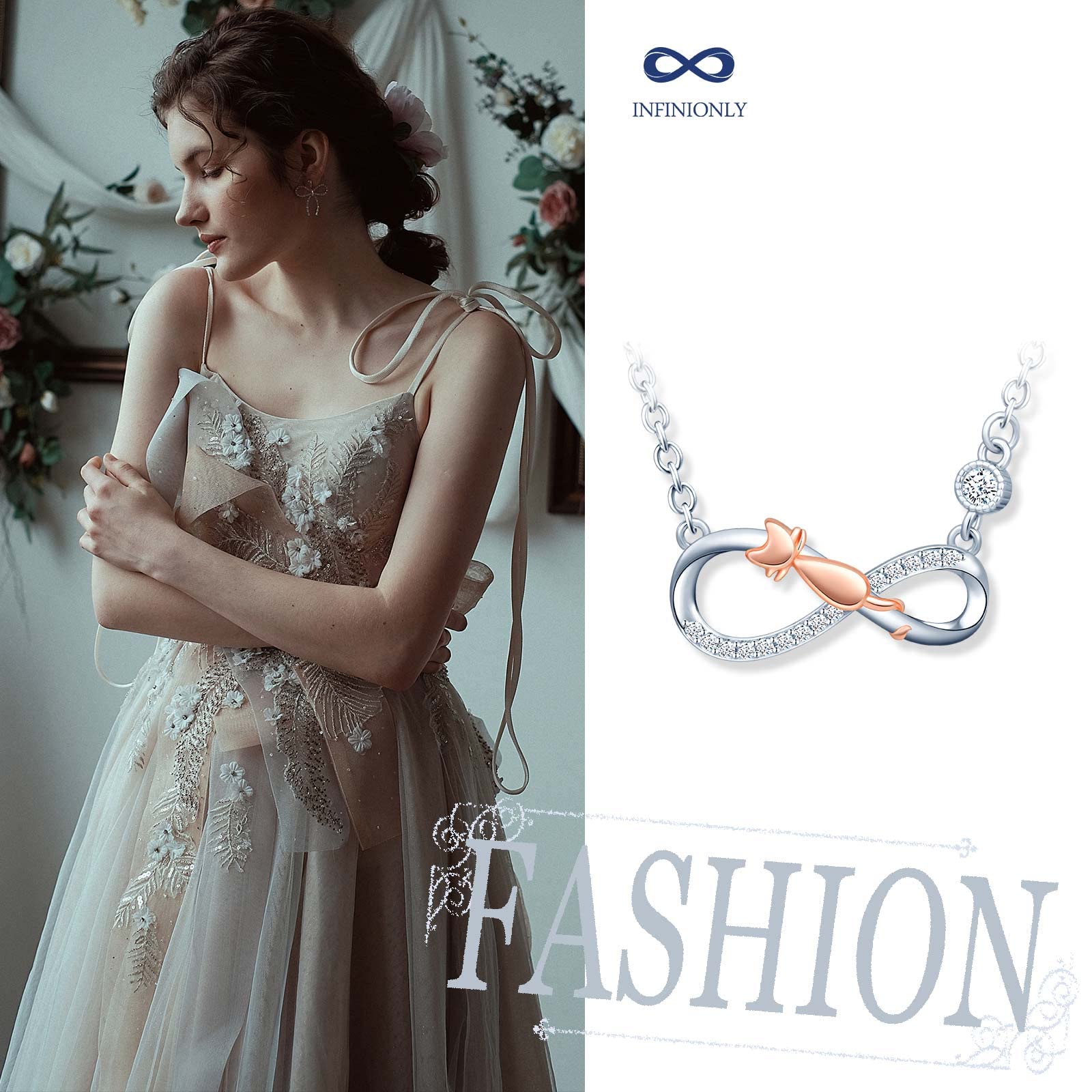 INFINIONLY Fashion Collana Gattino Oro Rosa Argento 925